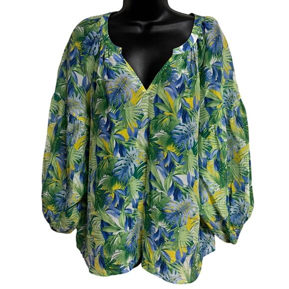 Tommy Bahama Tops - Tommy Bahama Women Tropical Blouse Large Green Blue Floral V Tunic Boho Top